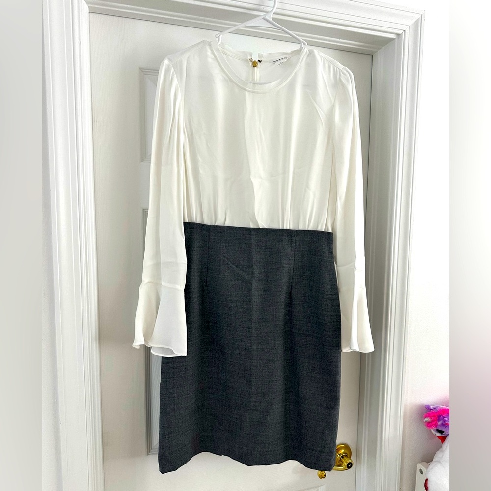 Club Monaco White and Charcoal Two-Tone Long Sleeve Dress